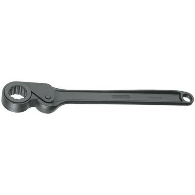 Black adjustable spanner, side view, with knurled handle and numerically adjustable head for various screw sizes.