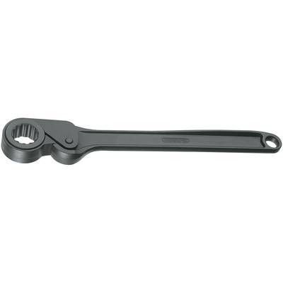 Black single-ended spanner with a round, toothed end; suitable for turning screws or nuts.