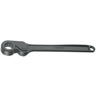 A black ratchet ring spanner with a round, toothed head and long handle, suitable for loosening screws and nuts.