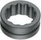 A cylindrical metal piece with a toothed inner rim, which may potentially be used as part of a mechanical system.
