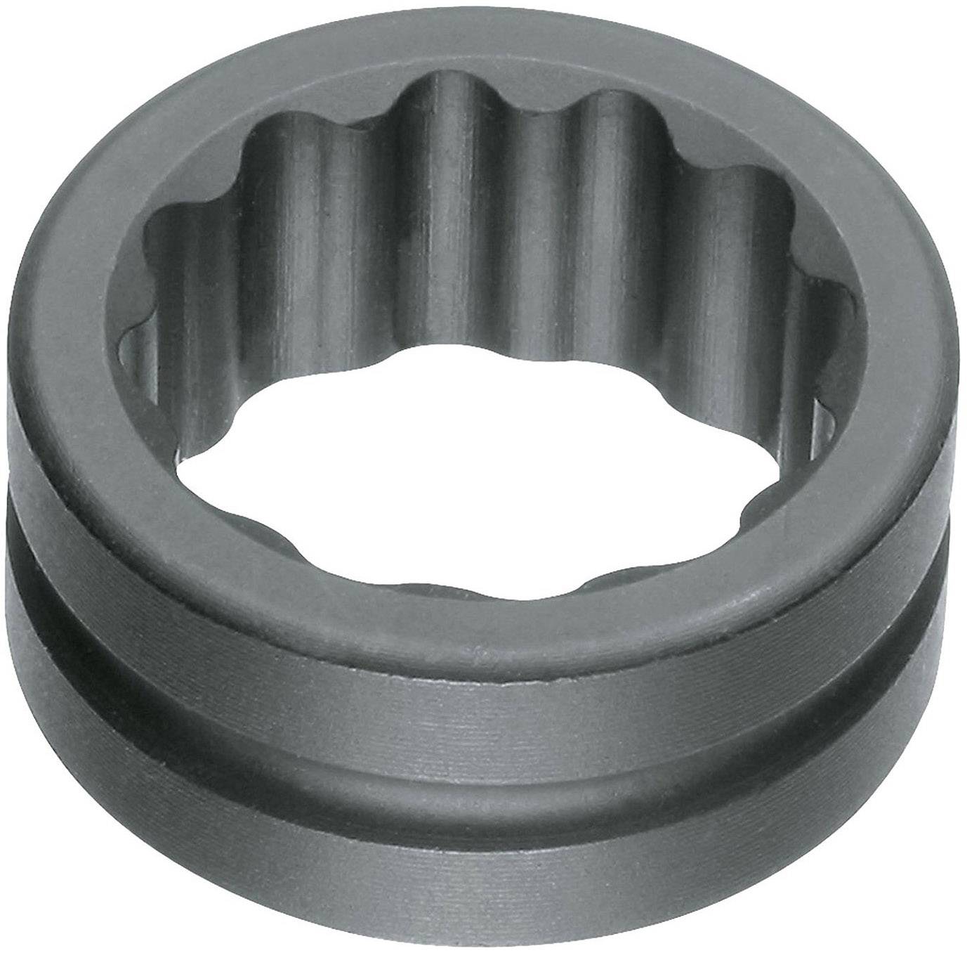 A grey, metallic ratchet socket with a toothed, circular opening, used for repairing or assembling tools.