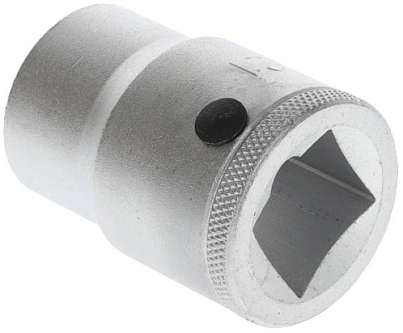 Metallic socket with a square opening and knurled edge, suitable for socket wrenches.