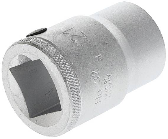 'Metal socket spanner, cylindrical, with a knurled edge and square opening, suitable for hand tools.'