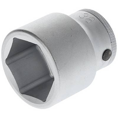 A silver socket extension with a hexagonal opening and knurled edge, used for tightening or loosening nuts.