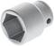 A silver socket extension with a hexagonal opening and knurled edge, used for tightening or loosening nuts.