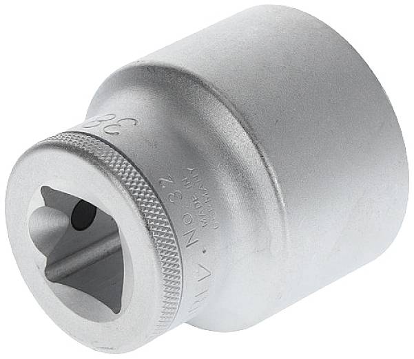 Metal socket head with a knurled edge and hexagonal receiving aperture, suitable for mechanical repairs.