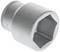 Metal hexagonal socket extension with a six-sided opening, for receiving screwnut bolts, close-up.