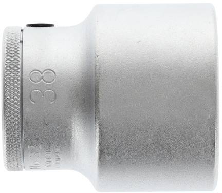 Metal socket wrench with size '38' engraved, cylindrical in shape and silver-coloured, used for turning screws or nuts.