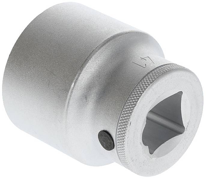 Metal socket head, round, cylindrical, with square opening, used for screwdrivers or keys.