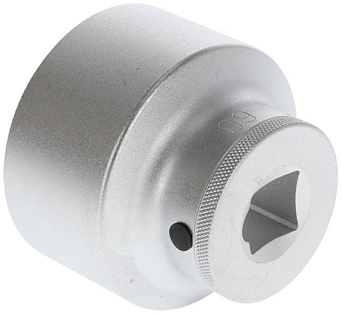 Metallic socket, cylindrical, rectangular opening at the top, side external screw, knurled edge.