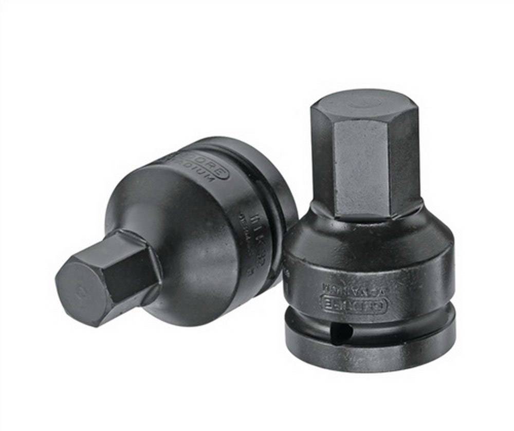 Two black socket adapters, one standing upright and the other lying down, on a white background. They are manufactured from metal.