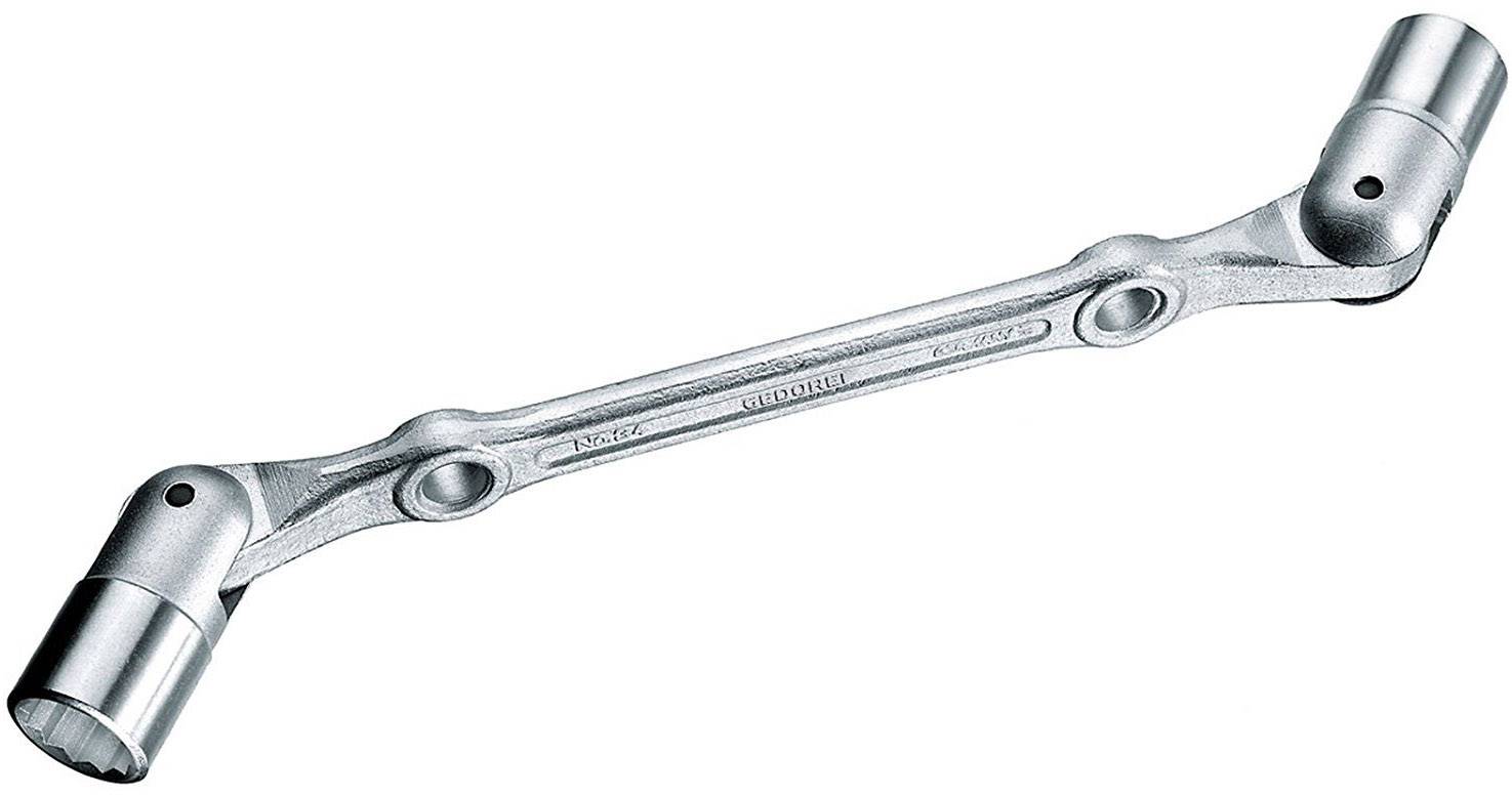 A double-ended spanner with two hexagonal heads at the ends, used for loosening or tightening nuts and bolts.