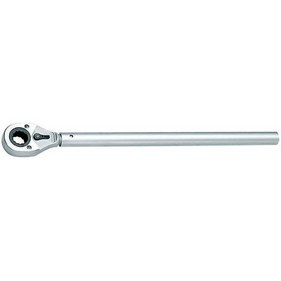 Torque wrench with steel handle and toothed head, used for tightening bolts to a specific torque in mechanical engineering.
