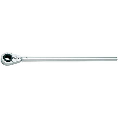 A silver torque wrench with a round handle and calibration indicator on the head for precise measurement and control of torque.