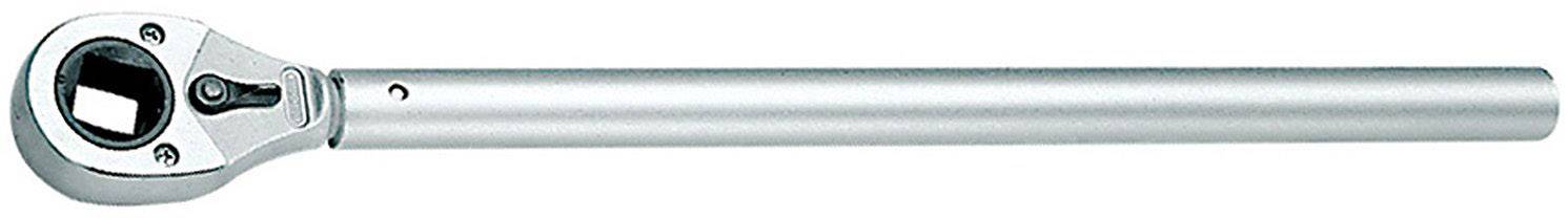 A silver torque wrench with a long handle and a square drive head, typically used for precise tightening of bolts.