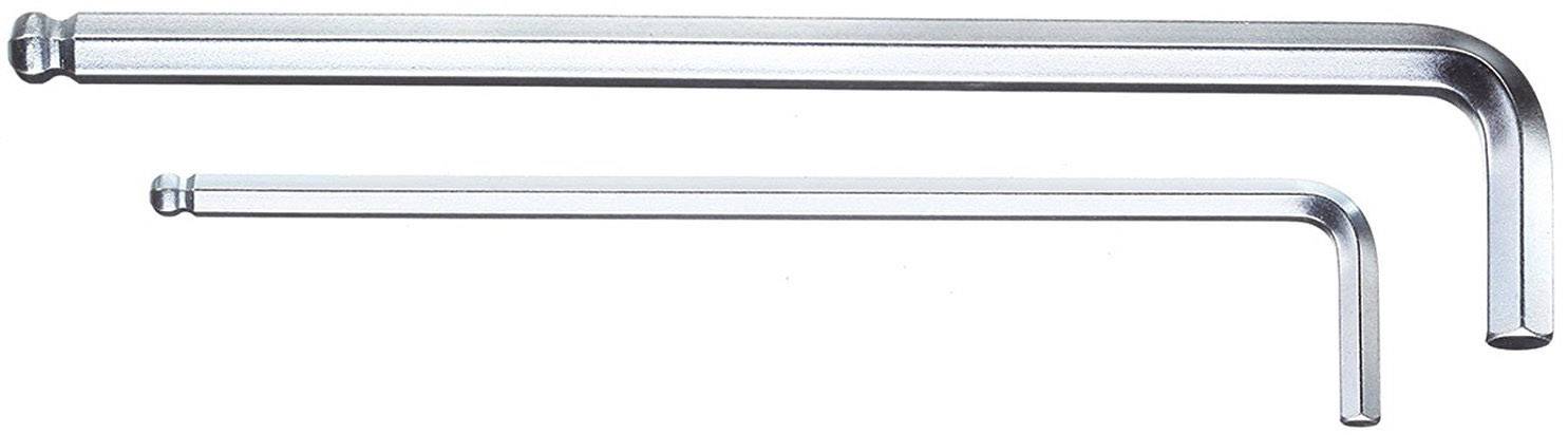 Two L-shaped Allen keys made of metal, one larger than the other, are lying side by side on a white background.