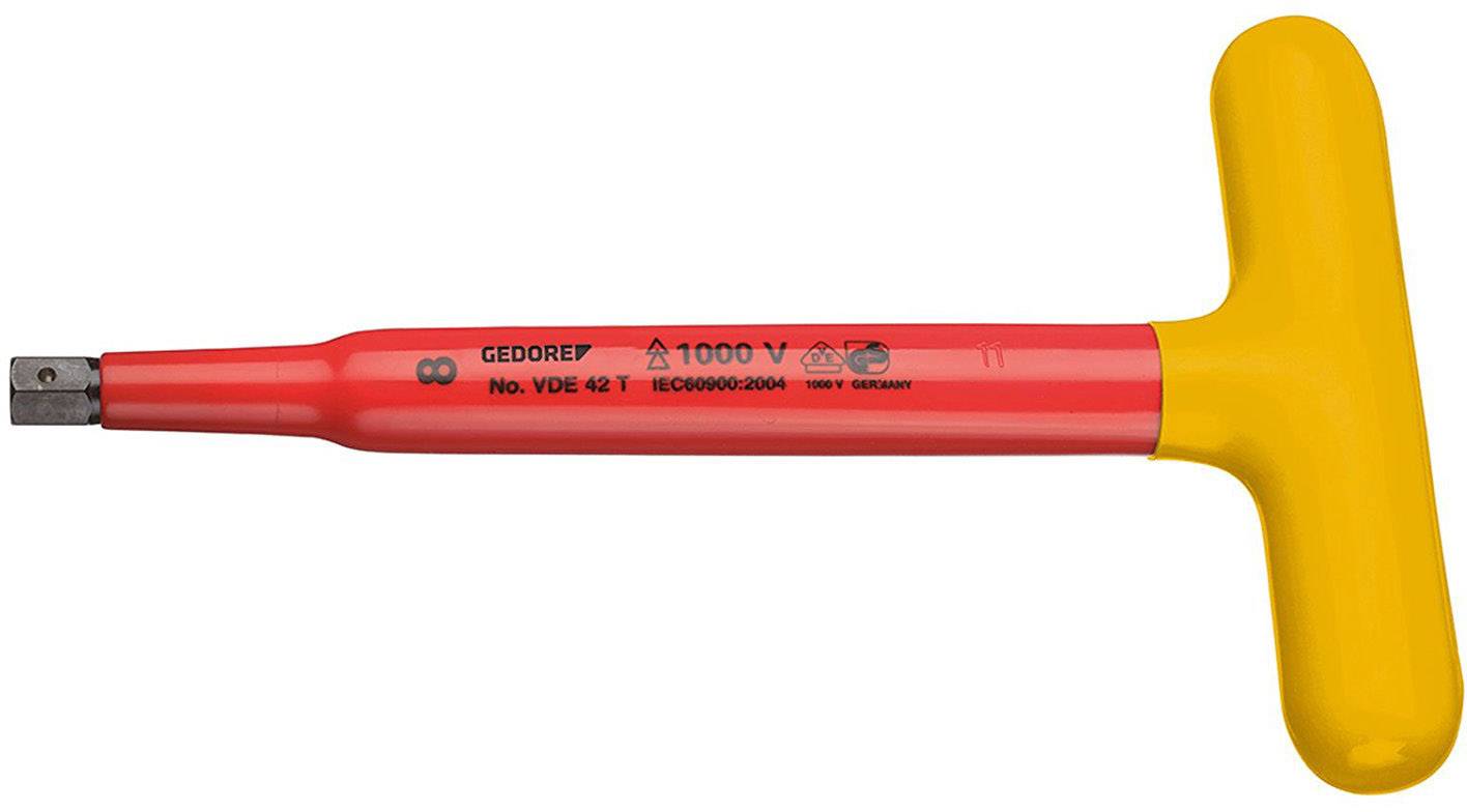 Isolated T-key with a yellow handle and red shaft, suitable for work up to 1000V. Manufacturer name and certifications visible.