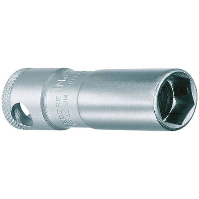 Metal hexagonal socket with a side hole and embossing, used for mechanical applications and screw-related work.