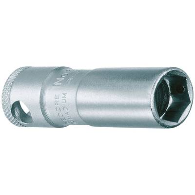 A silver metal socket, cylindrical with a hexagonal internal profile, for loosening or fastening screws.