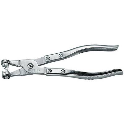 Metal pliers with serrated handles and multiple screws, side view. Used for gripping and holding objects.