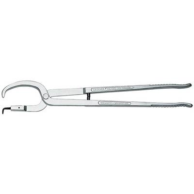 Metal pliers with a curved gripper and a textured handle, used for gripping and holding objects.