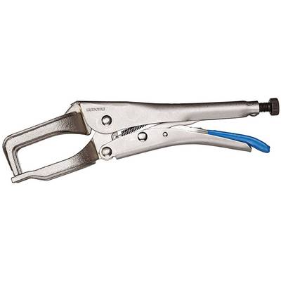 Silver locking pliers with blue handles, open in a position that allows closing and securing objects.