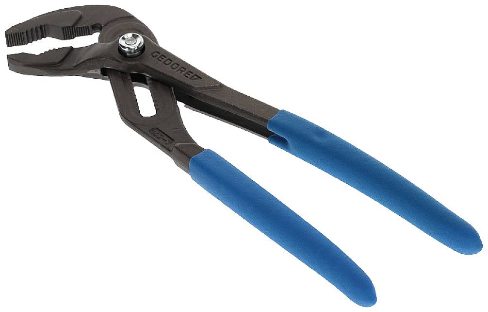 A pipe wrench with blue handles, suitable for gripping and turning pipes and round objects.