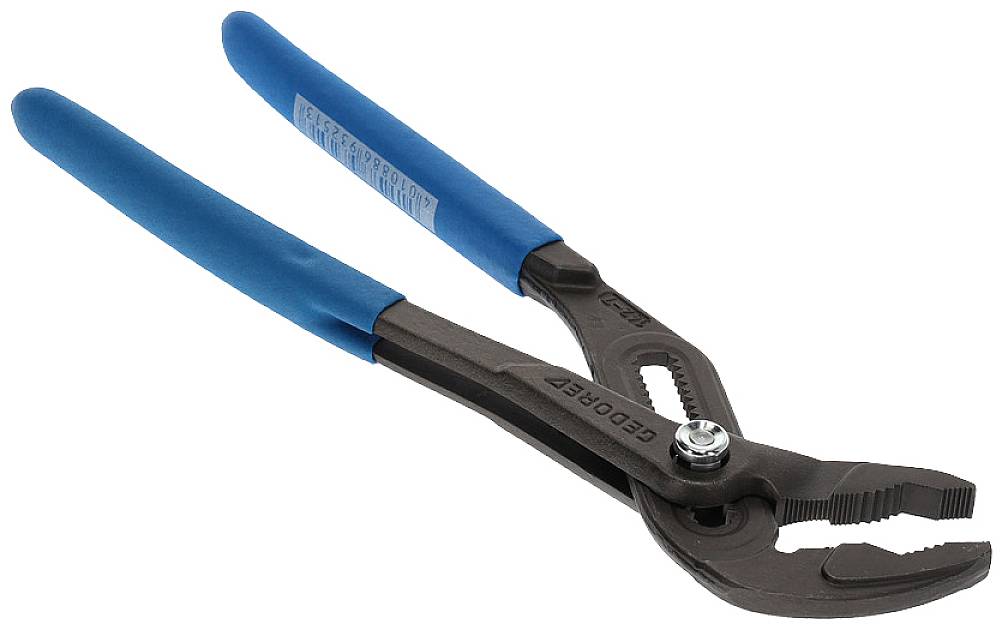 A water pump pliers with blue handles, on a white background. It features an adjustable mechanism for gripping objects.