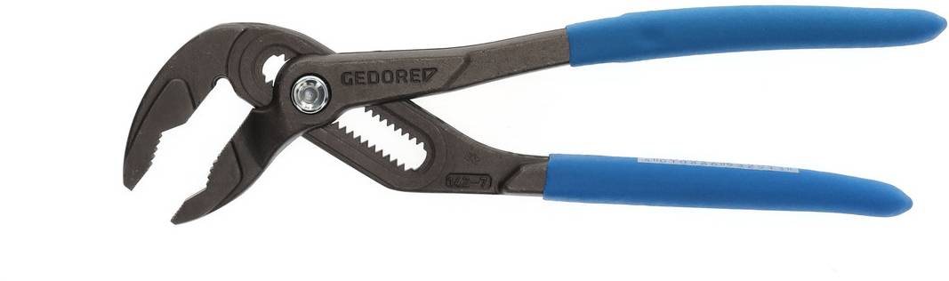Pliers with blue handles and adjustable settings for various span widths. Suitable for plumbing work or repairs.