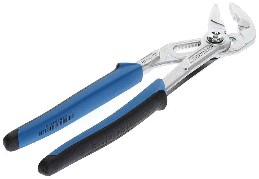 An adjustable water pump pliers with blue and black handles, suitable for gripping and turning pipes or nuts.