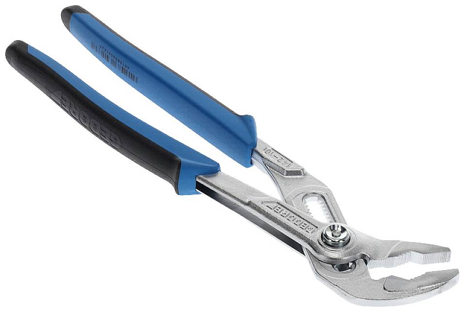 A blue water pump pliers with rubber-gripped handles and an adjustable jaw, set against a white background.