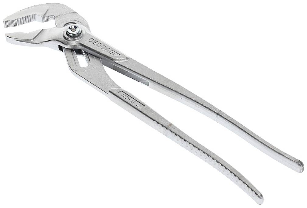 A silver water pump pliers with ribbed jaws and an adjusting screw mechanism for altering the opening width.