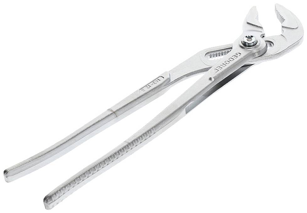 Adjustable metal water pump pliers with serrated jaws for secure gripping, suitable for various workpiece sizes.