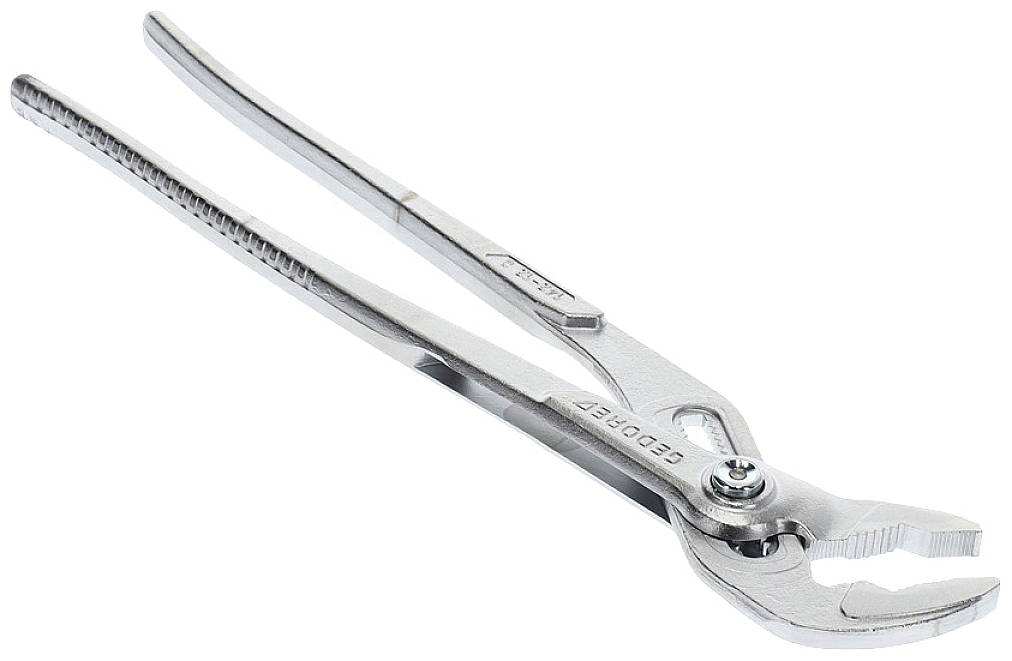 A chrome-plated water pump pliers with ridged handles and adjustable jaws for gripping pipes and other objects.