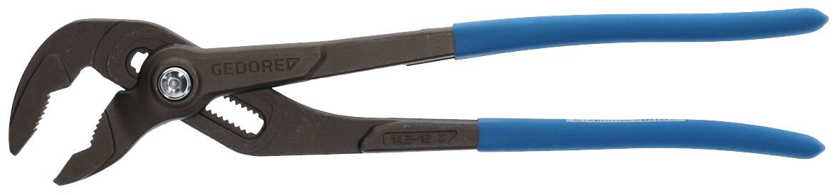 Water pump pliers with blue handles, opened. Suitable for gripping and holding pipes and other round objects.