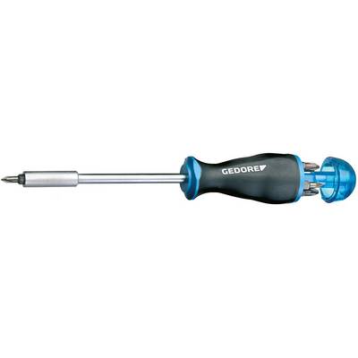 Screwdriver with interchangeable bits in the handle, brand 'GEDORE', black handle with blue cap.