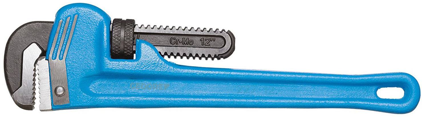 A blue metal pipe wrench with an adjustable handle. It is used for gripping and turning pipes.