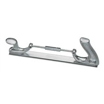 Scraper with a long, straight metal blade and two curved handles, on the left and right, for uniformly removing material.