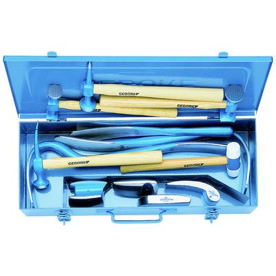 Toolbox with hammers, files and other hand tools, contained in an open blue metal container.