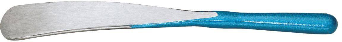 A blue, curved metal shoe horn to aid in putting on shoes.