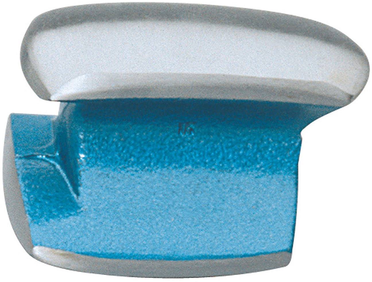 A blue-silver, metallic object with a smooth surface and asymmetrical shape, possibly a modern door handle or machine component.