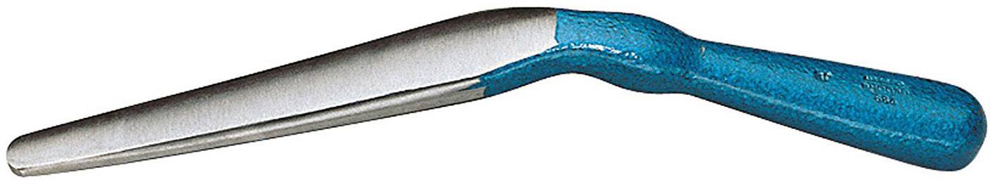 A long, blue handle with a metallic, wedge-shaped element. A tool for sharpening or honing blades.