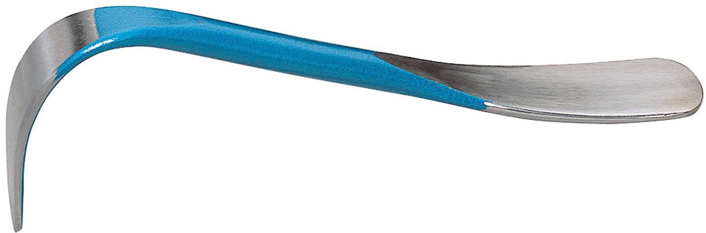 A metal shoe horn with a blue handle, curved in shape, is used to facilitate putting on shoes.