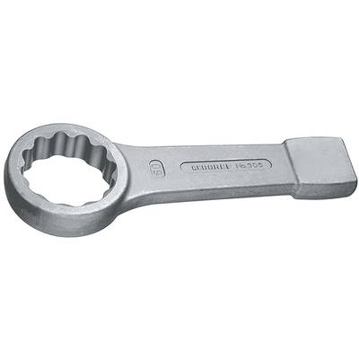 A silver ring spanner with a circular, toothed opening and a flat handle. Suitable for loosening or tightening nuts.