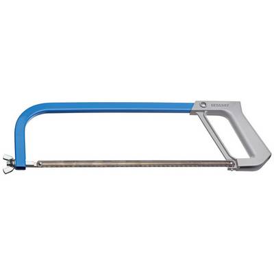 Metal saw with a blue frame and silver handle, suitable for cutting metal and plastic.