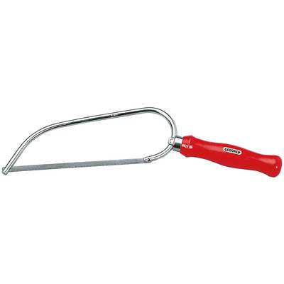 A hacksaw with a red handle and silver, curved frame, suitable for cutting metal.
