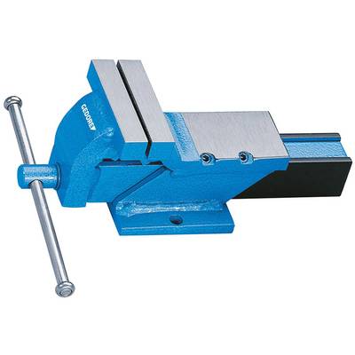 A blue vice with silver handles and jaws on a white background.