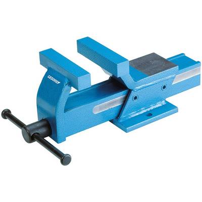 A blue metal vice, showing the jaws and handle. Used to hold objects in place, for example during machining.