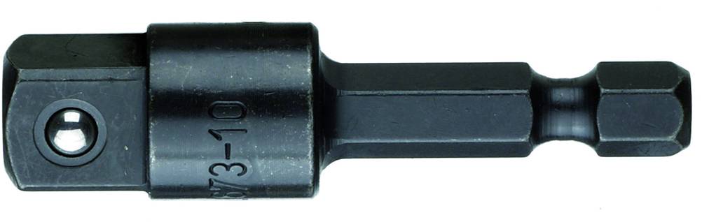 A black screwdriver adapter that converts a hexagonal to a square profile. The adapter has a ball detent.