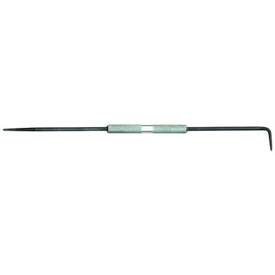 A metallic dental instrument with two different ends: a pointed tip and a curved end, which is used for dental treatment.